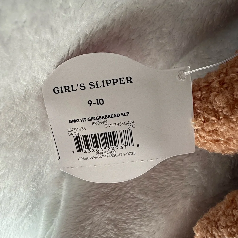 Gingerbread Plush Slippers with Red Bows Girls 9-10 New Slip On Brown‎ Faux Fur
